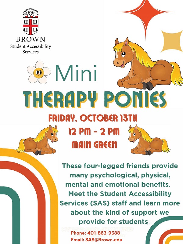 mini therapy ponies flyer; green, red, yellow retro themed colors, pictures of cartoon ponies